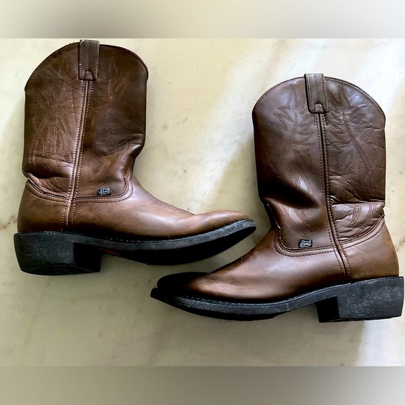 Justin Dark Brown Tan Leather Men's 12 B Round Toe Western Heel Cowboy Boots - Picture 1 of 7
